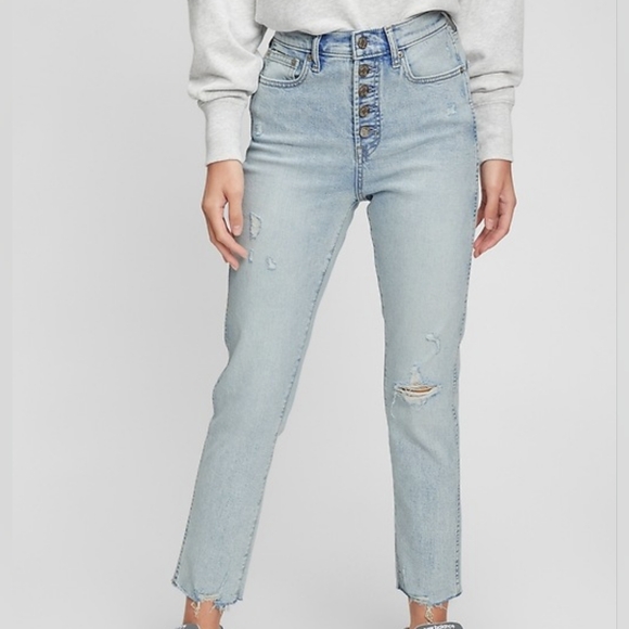 Gap High Rise Vintage Slim Distressed Button Fly Lightwash Jean Coastal Spring 6 - Picture 2 of 9